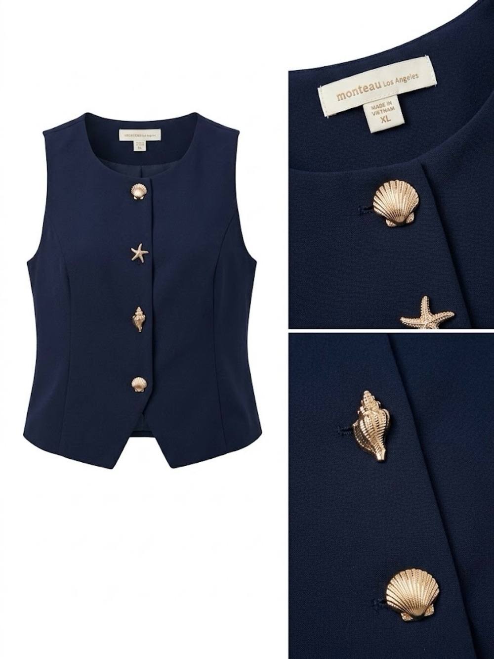 Navy Sleeveless Shell-Button Vest